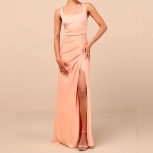 Lulus Red Carpet Romance Peach Satin Square Neck Maxi Dress, Size XS